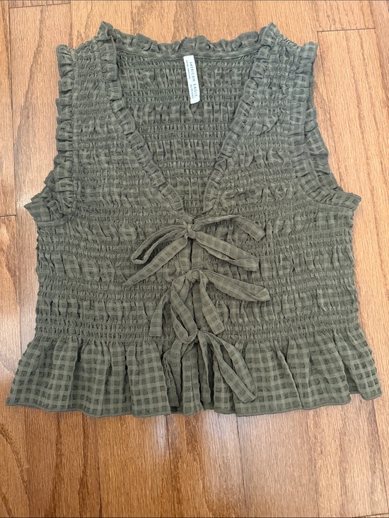 American Eagle Outfitters Tops - Bohemian Cottagecore Smocked Tie-Front Sleeveless Vest Crop Top — Olive Green